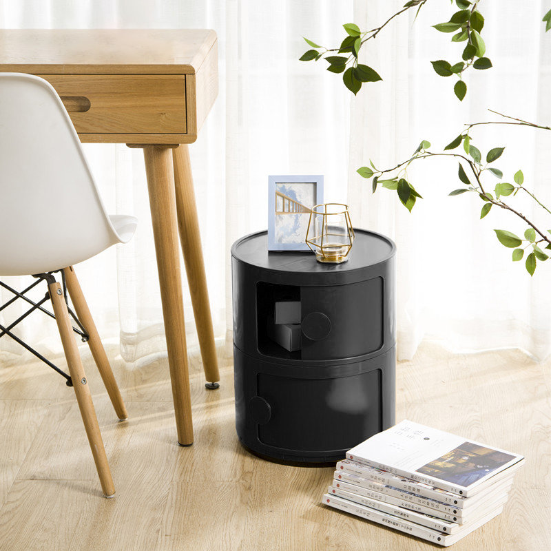 2-Shelf Round with Handles Side Table with Storage, Black