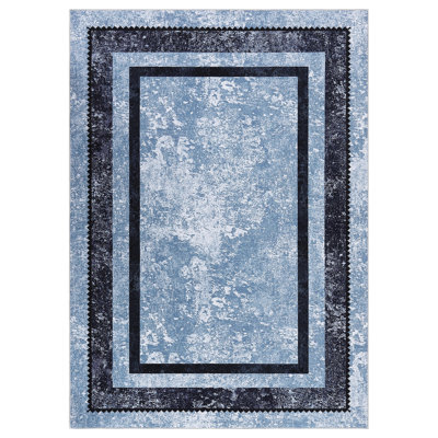 9x12 Large Modern Bordered Area Rug Non Slip Non Shedding Rug Washable Thin Floor Carpet Soft Low Pile Rug, Distressed Geometric Rug, Foldable Printed Rug for Living Room, Bedroom, Blue