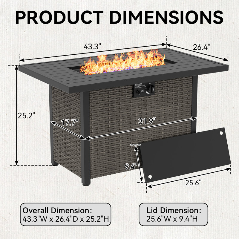 Table de foyer d'extérieur au propane, Grey
