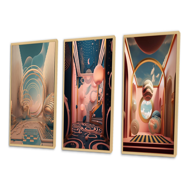 «Futur Folklore Minimal Retro Architecture I», 3 pièces sur toile, H 20 po x l 36 po, Cadre naturel flottant