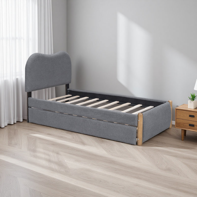 Lit plateforme tapissier avec pieds et gigogne en bois, Gris, Lit simple