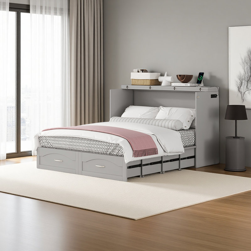 Lit escamotable mural Murphy avec tiroir et ensemble de prises et de ports USB, Gris, Grand lit