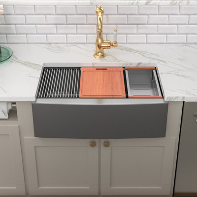 Évier de cuisine de ferme en acier inoxydable plaqué titane L 30 po x l 22 po, évier de cuisine simple en acier inoxydable noir avec accessoires