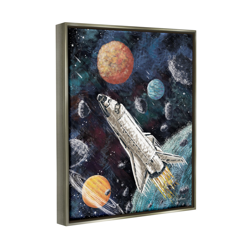 Vaisseau spatial dans l'espace par Nidhi Wadhwa, Cadre flottant gris lustré, H 21 po x l 17 po x P 1,7 po