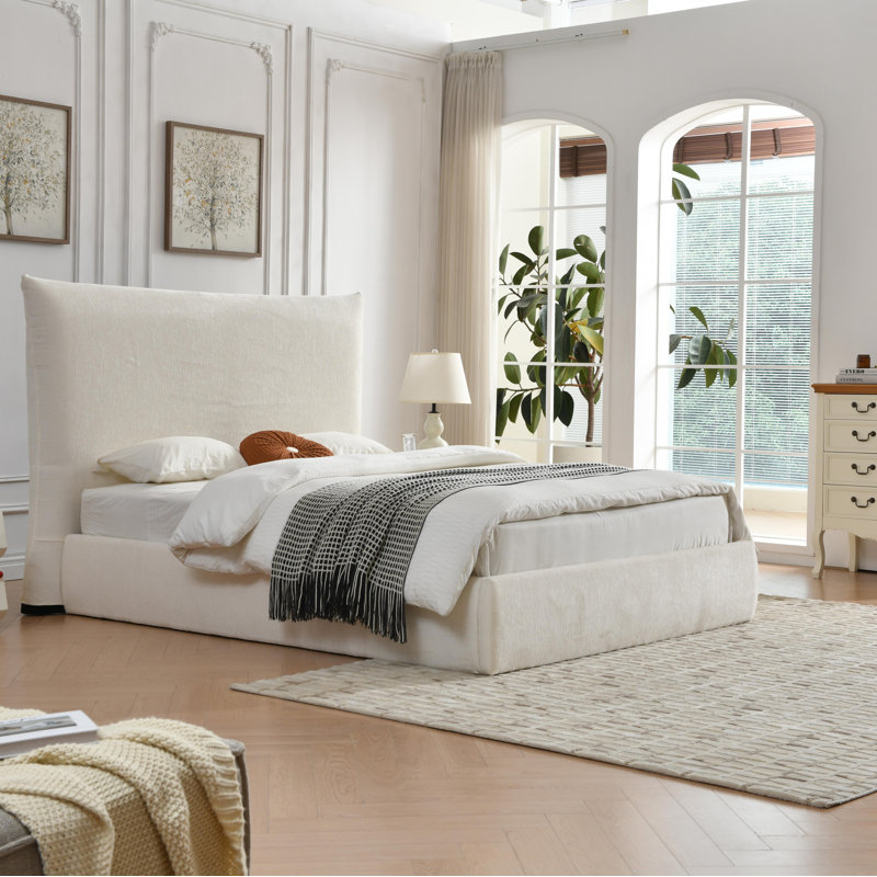 Hydraulic Lift Up Upholstered Storage Bed, White, Queen