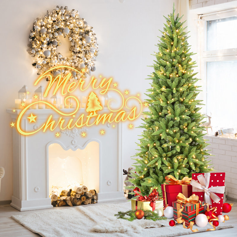 8FT Slim Christmas Tree with 500 Warm White LED Lights, 8', Pre-Lit