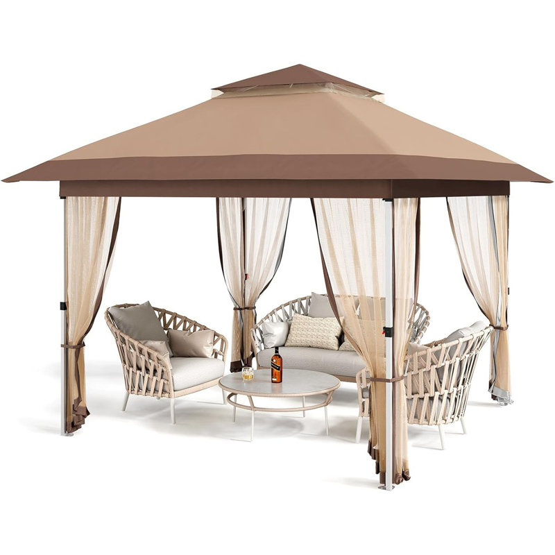 10x10 ft Pop-Up Canopy Gazebo with Mosquito Netting & Curtains, 2-Tier Vented Top, UPF 50+ UV Protection for Patio, Backyard, Party, Camping