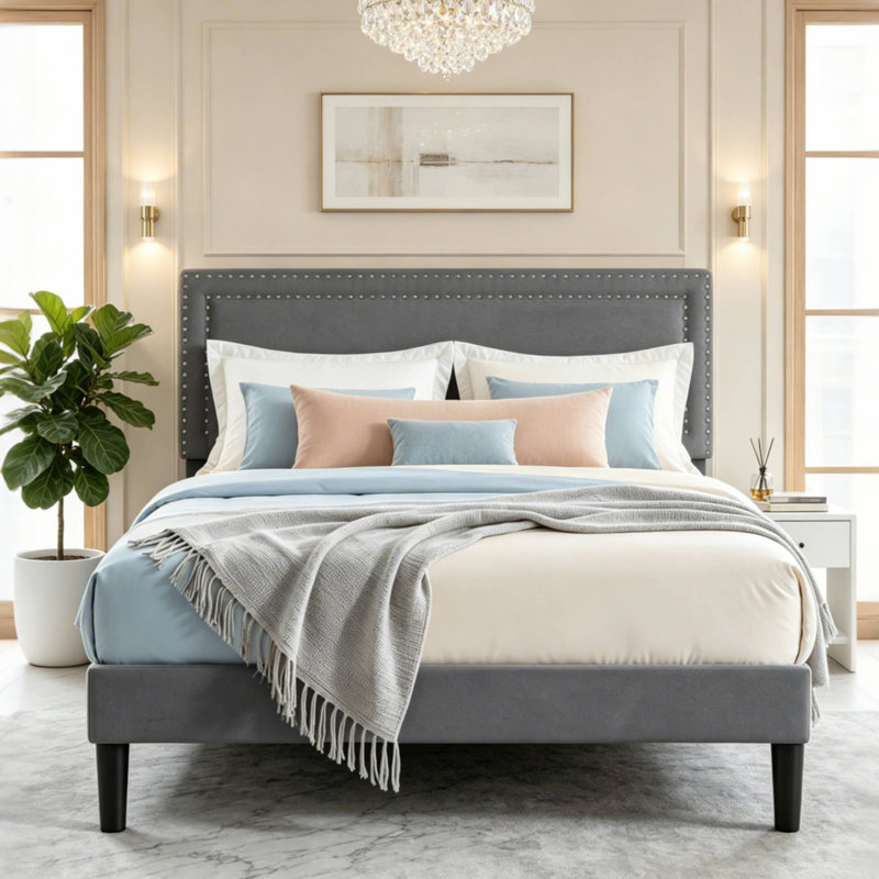 Queen Size Dark Grey Velvet Upholstered Platform Bed with Adjustable Headboard, Modern Bed Frame with Wood Slats, No Box Spring Needed