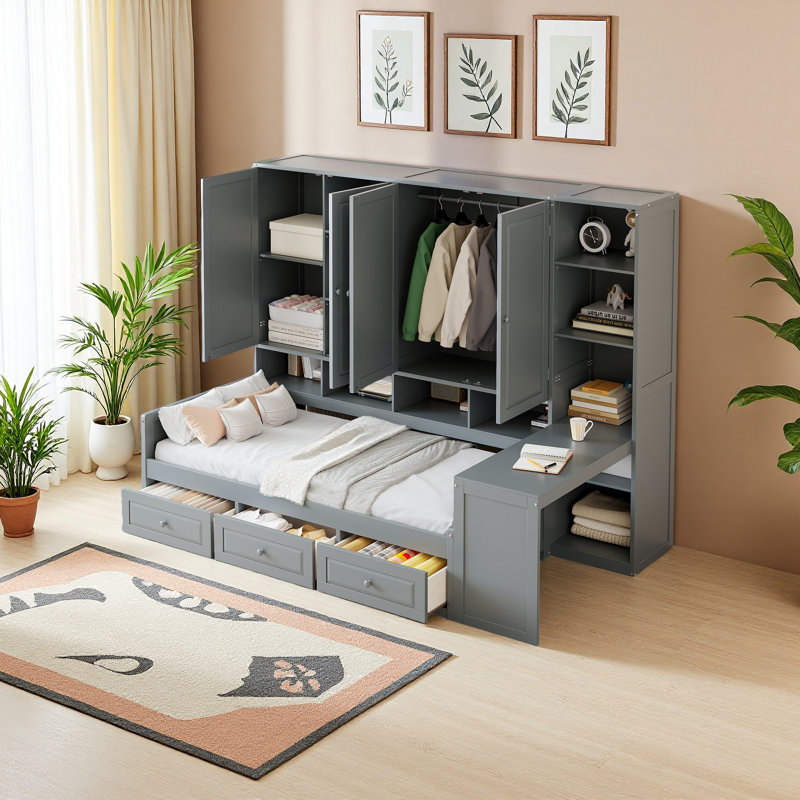 Wooden Daybed With Three Drawers, And All-In-One Cabinet, Desk And Shelves, Twin, Gray
