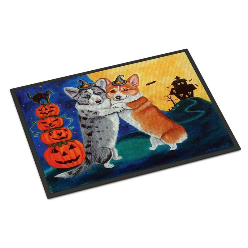 Tapis de porte d’extérieur anti-dérapant corgi halloween effray, Rectangle 1 pi 6 po x 2 pi 3 po