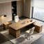Bureau de direction en L en bois massif noyer clair avec tiroirs-129686351-129686357