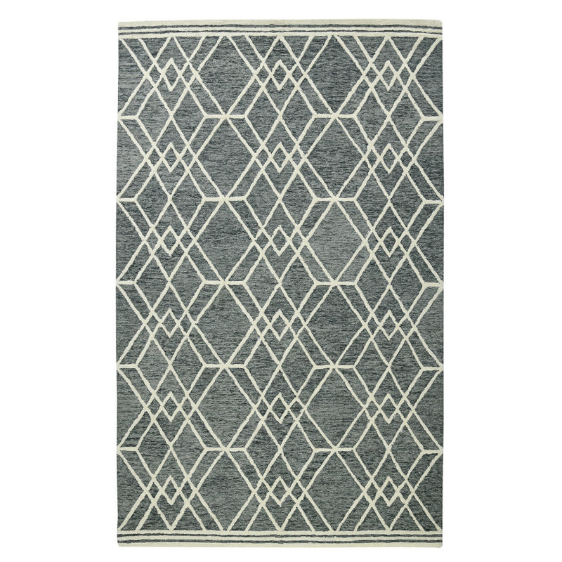 Tapis géométrique crocheté à la main gris et ivoire 5 pi x 8 pi