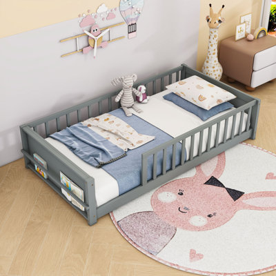 Twin Floor Platform Bed With Bookshelf And Guardrails