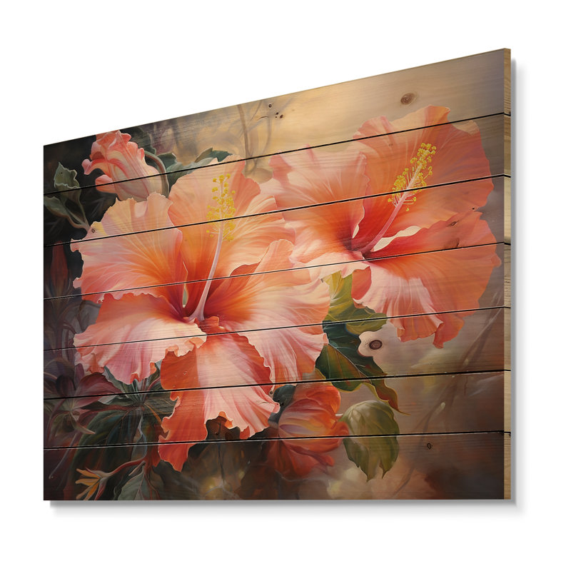 Hibiscus, impression romantique IV sur bois, H 10 po x l 20 po x P 0,78 po