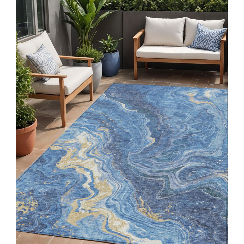 Tapis intérieur lavable abstrait bleu doré et ivoire 5 pi x 8 pi