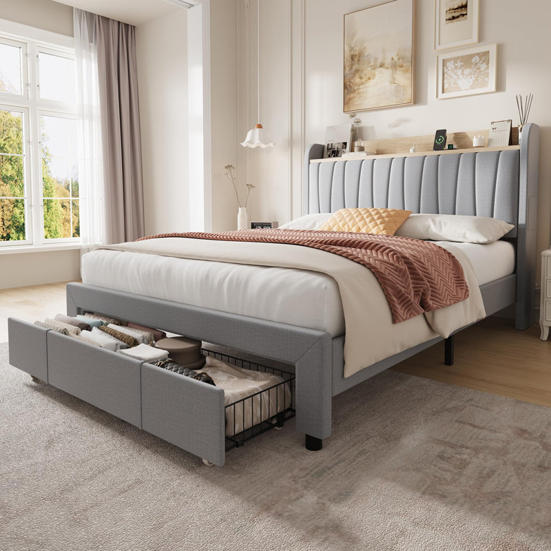Full Size Upholstered Bed Frame with Storage Headboard and Charging Station, Platform Bed Frame with Drawers, Gray, Full