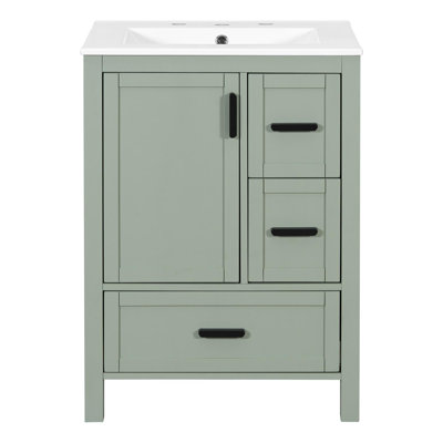 24" bathroom vanity with ceramic sink, soft-close doors, double-tier shelving, and 3 drawers