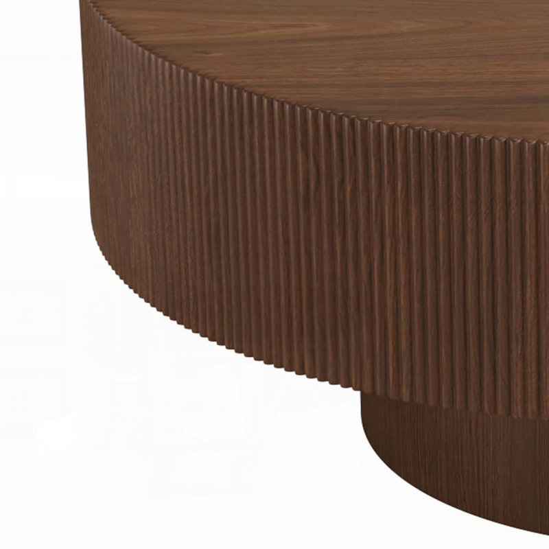 Table basse ronde cannelée avec plateau de table épais de 8,5 po - noyer, 35,4 po, H 16,7 po x L 35,4 po x l 35,4 po, Brun