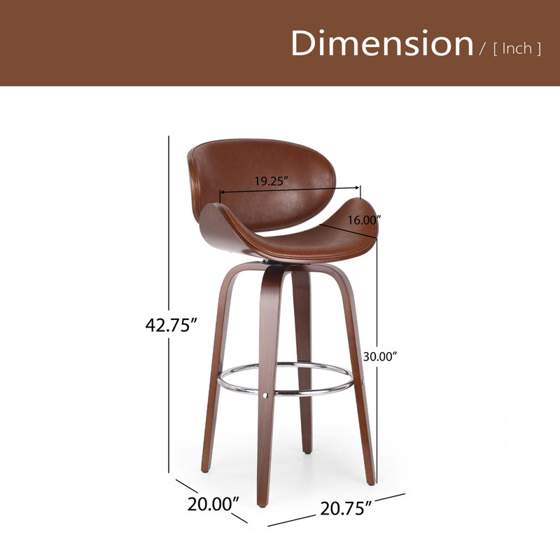 30" Mid-Century Modern Upholstered Swivel Barstool, Cognac