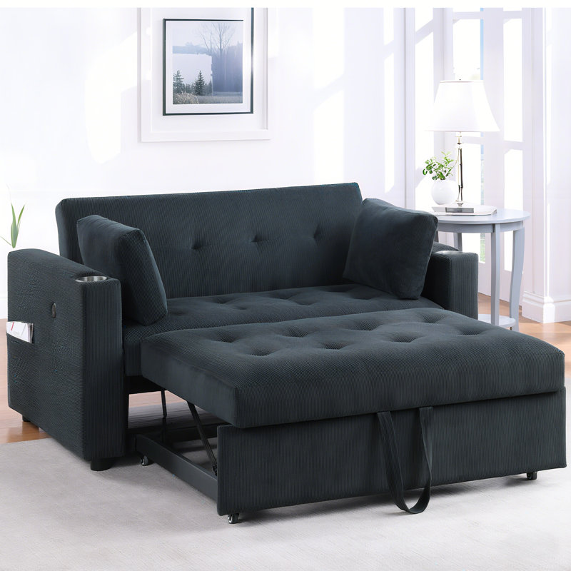 Luelle 57"W Corduroy Convertible Sleeper Loveseat With Cupholders, USB Ports, Magazine Pockets, Pillows, Tufting, Gray