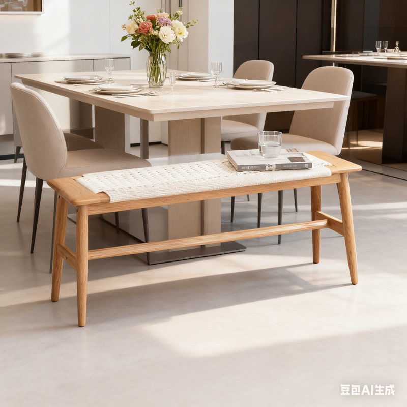 Woven Design Natural Oak Wood Dining Bench Bed Bench For Dining Room, Bedroom, Bathroom, White