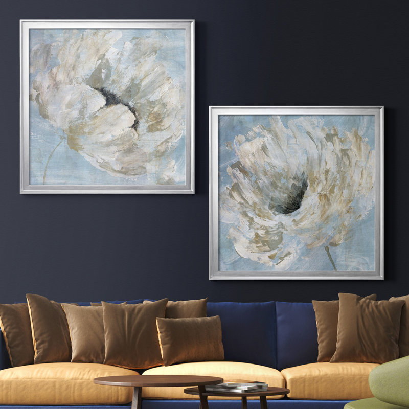 «Blue Blanc I», ensemble de 2 reproductions d'art sur toile tendue, H 34,5 po x l 69 po x P 1,5 po, Toile avec cadre argenté