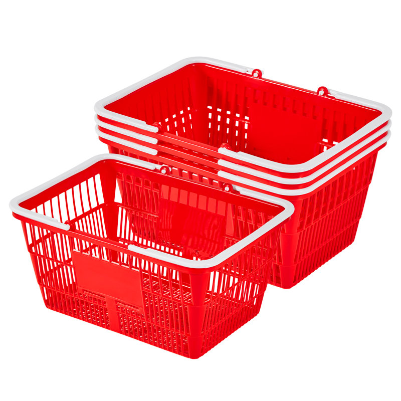 Shopping Baskets, 21L Stackable PE Plastic Grocery Baskets with Handles, Dense Mesh Structure, Holds up to 20 lbs, Portable for Grocery, Retail, Stores, Supermarket, Home Use, Red