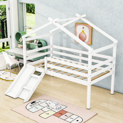 Aluino Twin Wooden Low Loft Bed With Slide And Safety Guardrails