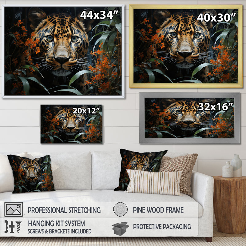 «Leopard Silent Stalk II», reproduction sur toile, H 16 po x l 32 po x P 1 po, Cadre doré à une seule photo