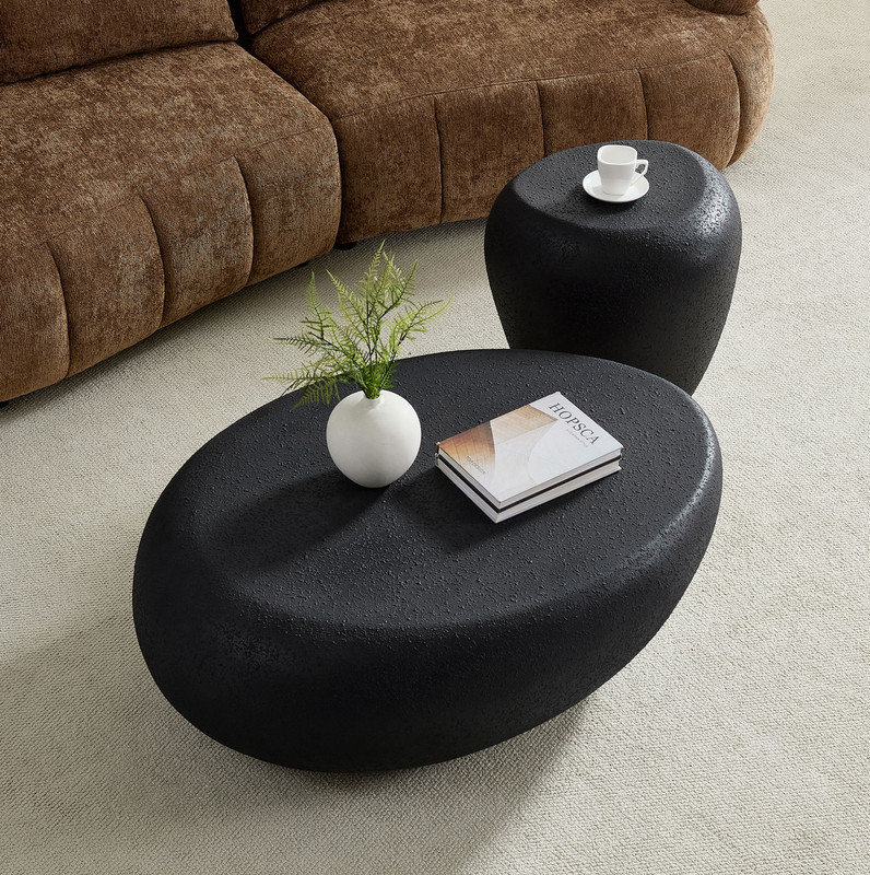 2PCS Fibreglass Elliptical Coffee Table Set for Living Room,Matte Rocks Table front of the Sofa, Irregular Centre Table and Side Table,No Need Assembly,Black