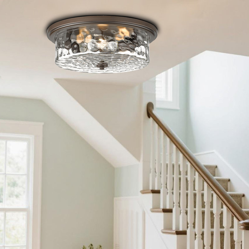 Large Industrial Flush Mount Ceiling Light, 16" 3-Light Modern Ceiling Light Fixture, Farmhouse Close To Ceiling Lighting,Hammered Glass Ceiling Light For Bedroom, Living Room, Kitchen Island(Oil Rubbed Bronze)