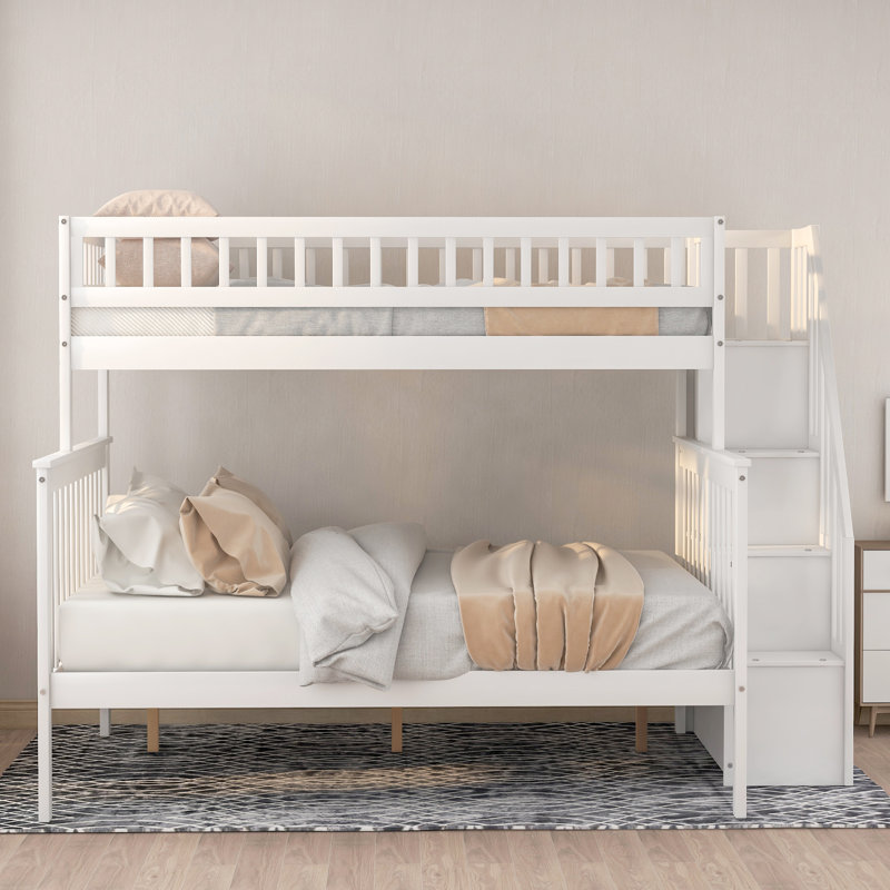 Lit superposé rustique avec rangement, fabrication en bois massif, Blanc