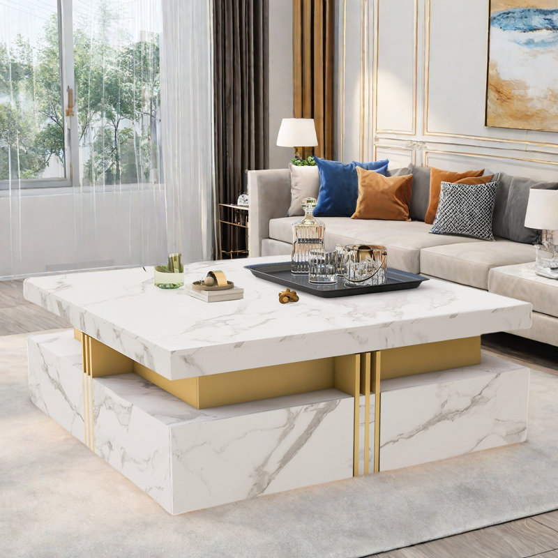 Modern Square Storage Coffee Table with 4 Drawers Contemporary Storage Table Cocktail Table Living Room Table, White Marble