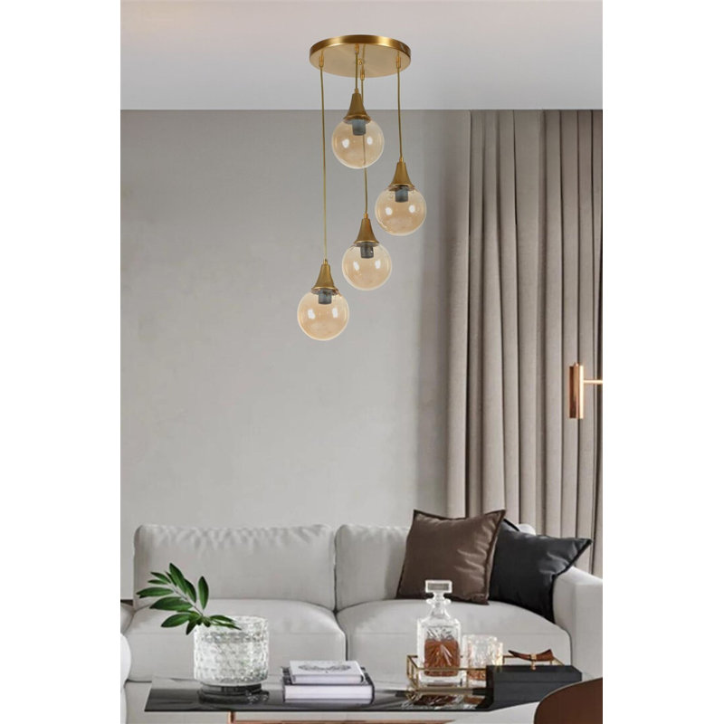 Elegant Amber & Gold Chandelier, Adjustable Height, 11.8 in Diameter | Durable Metal Body, Glass Cap, E27 Socket (Max 40W) | Stylish Lighting Fixture for Living Room, Dining Room, and Entryway Decor, IP20 Rated