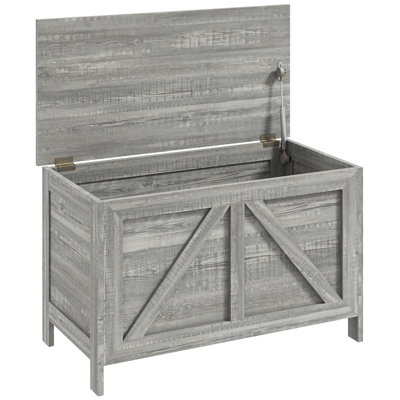 Coffre de rangement avec charnière de sécurité, banc de rangement de ferme de 30 po, coffre de rangement à couvercle relevable avec charnière de sécurité à ouvrir à 100 °, gris