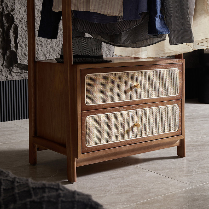 Ash Wood Coat Rack with Rattan Drawers