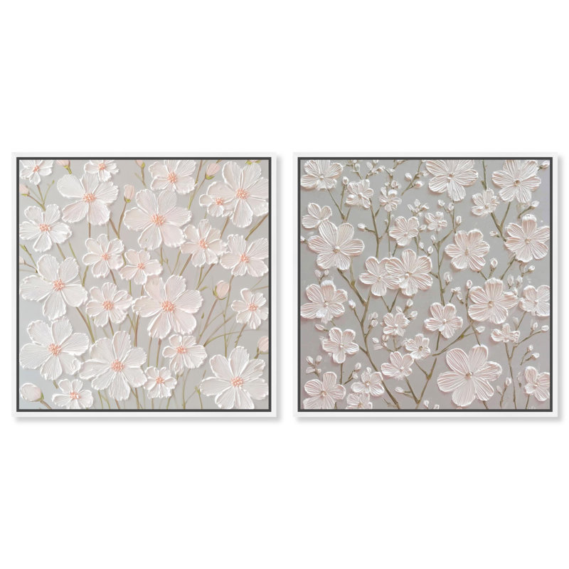 «Neutral Serenity Floral Art», ensemble de 2 impressions sur toile par , H 13 po x l 13 po, Blanc