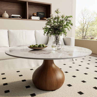 Round Mid-Century Modern Solid Wood Pedestal Base Coffee Table With Marble Effect Stone Top