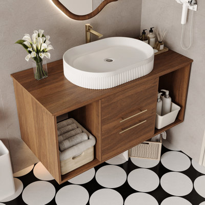 Meuble-lavabo 39,4 po avec lavabo ovale en céramique, conception flottante, bois massif multi-couches, tiroirs à fermeture en douceur, rangement pour salle de bain