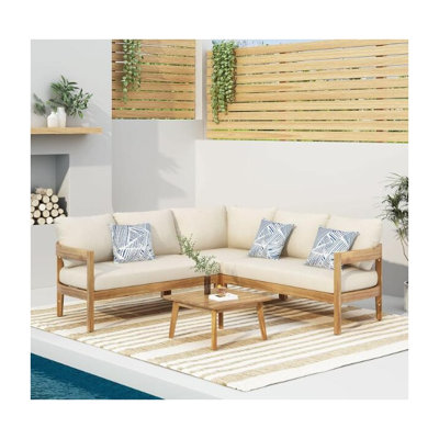 Ensemble de conversation d'extérieur 3 pièces avec cadre en bois d'acacia et coussins beiges Brooklyn