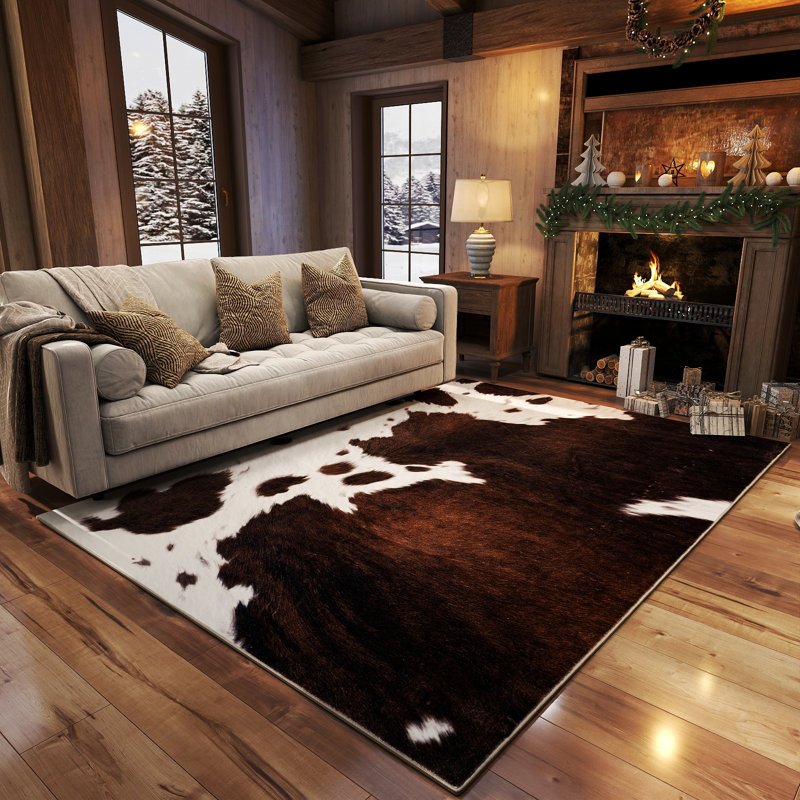 Dark brown cowhide-textured modern non-slip indoor area rug, machine washable and foldable, suitable for living rooms, hotels, apartments, and dormitories.