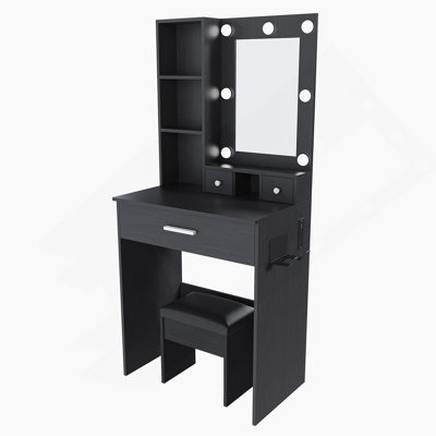 Table de coiffeuse avec miroir et lumières DEL réglables, prise de courant, support pour sèche-cheveux et tabouret, bureau de rangement compact et fonctionnel pour les petites chambres