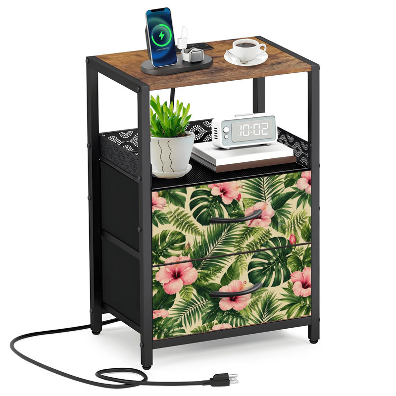 Table de chevet 2 tiroirs en tissu avec station de charge avec feuilles de palmier tropicales et feuilles d'hibiscus roses