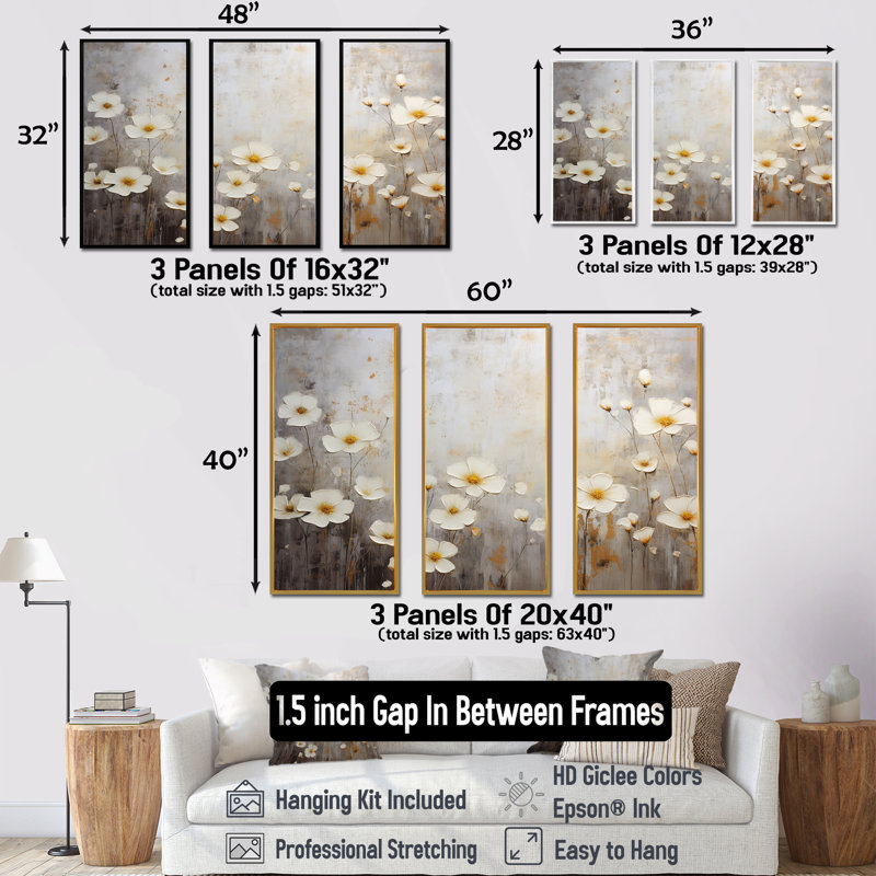 «Elegant Beige and Grey Buttercups Meadow I», ensemble d'art mural sur toile Buttercups, H 28 po x l 36 po x P 1 po