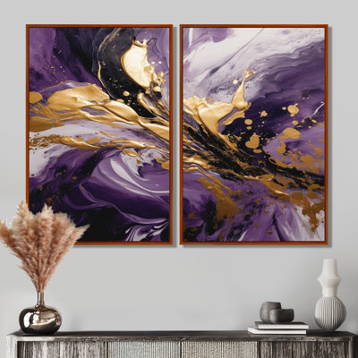 Purple And Gold Liquid Magic II - Purple Art Prints On Canvas 2-Panels