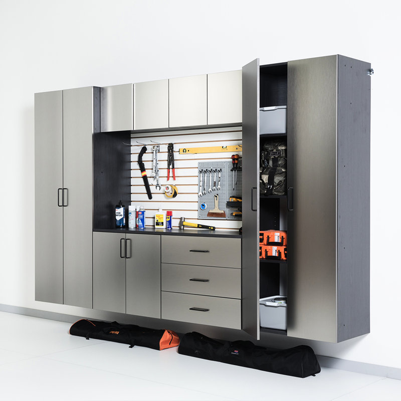 Contemporary Style Wall Mounted Storage Cabinet, 32 In. W X 79 H 20 D, Metallic Grey Appearance, Drawers And Doors, Water Heat Resistance, Double Thickness Edge Binding, E0-Grade Material, Shelf