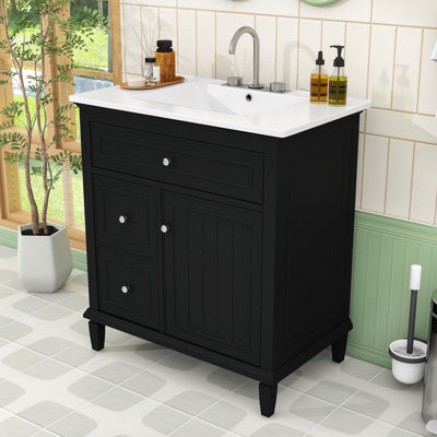 Modern Freestanding Bathroom Vanity with Ceramic Sink, Flip Drawer and Adjustable Shelf