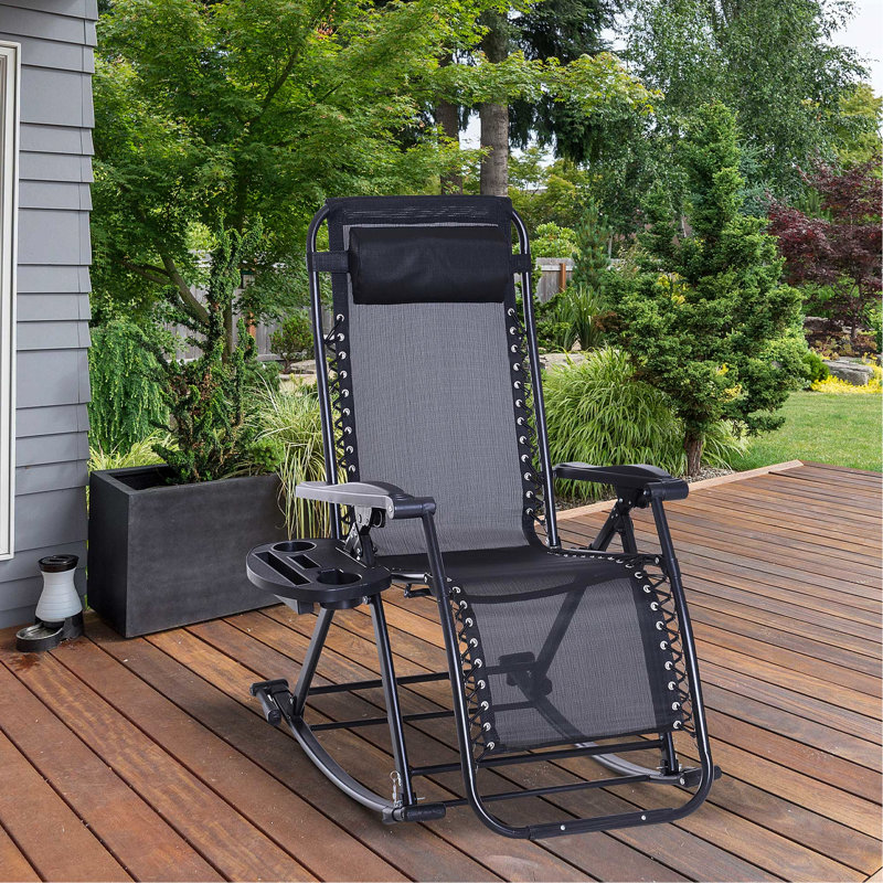 Chaise berçante d'extérieur inclinable par gravité avec coussin respirant et support à collation
