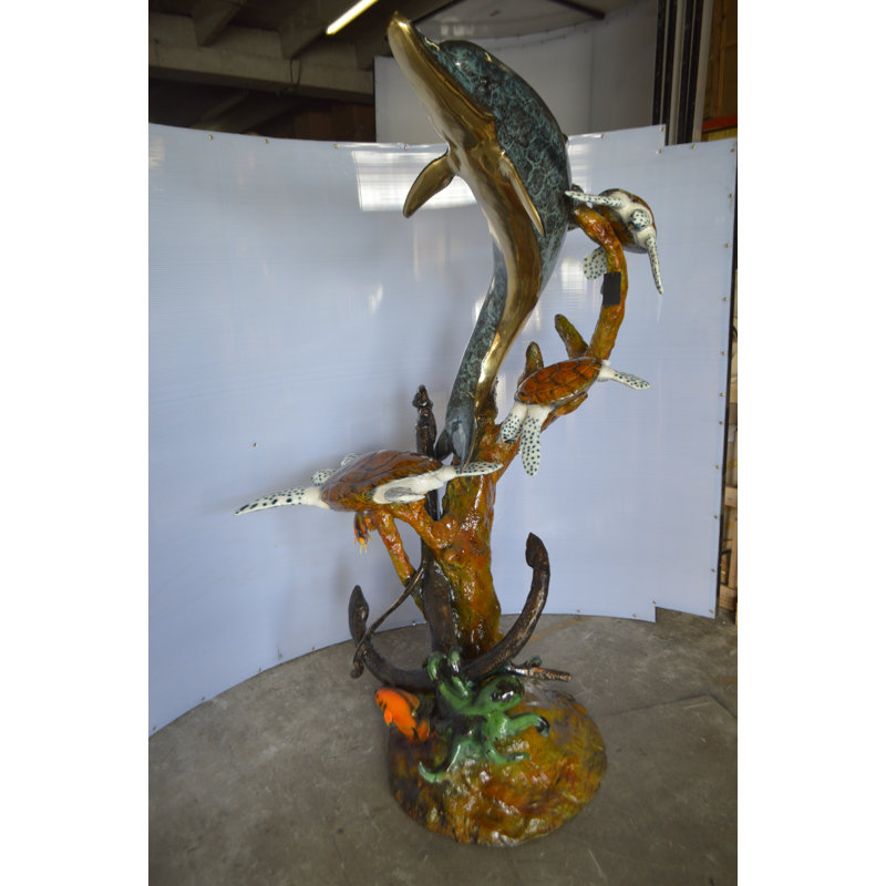 Statue bronze bronze avec trois tortues - Taille: L 43 po x l 47 po x H 74 po.