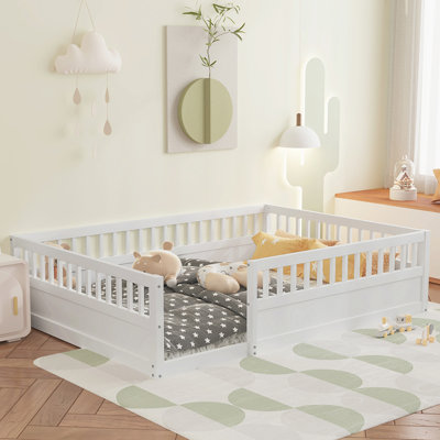 Floor Bed Frame with Fence Wood Kids Floor Beds Frame for Bedroom